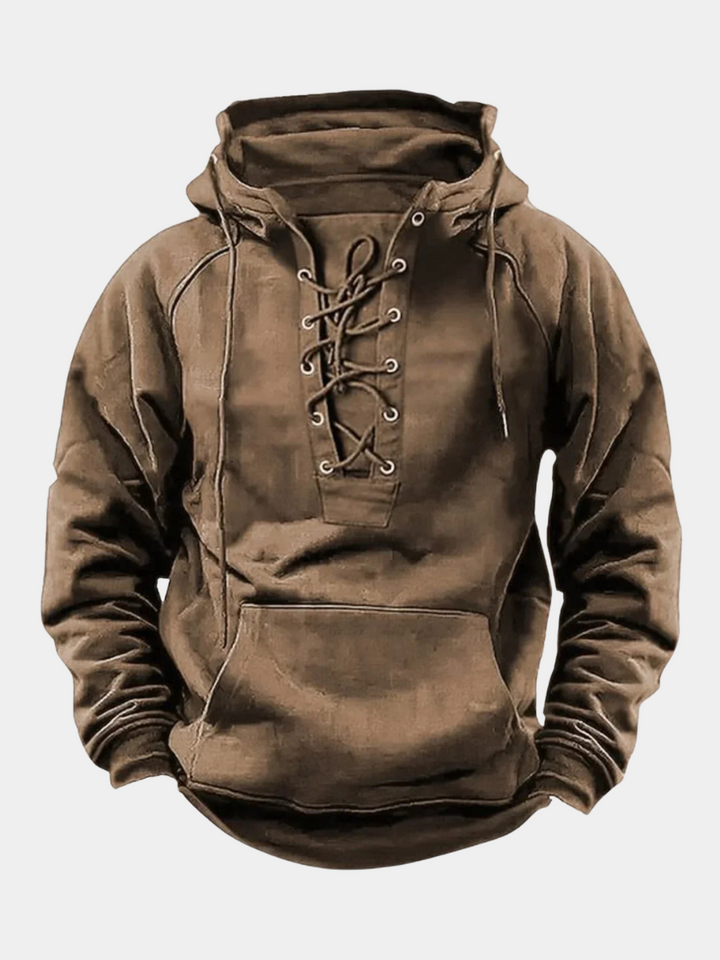 Hoodie homme robuste à lacets pour l'extérieur et l'aventure. Offre confort et style décontracté pour automne-hiver.