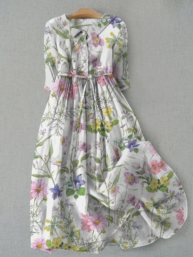Robe midi fleurie élégante pour femme, motif floral chic, idéale été/printemps, confortable et polyvalente.