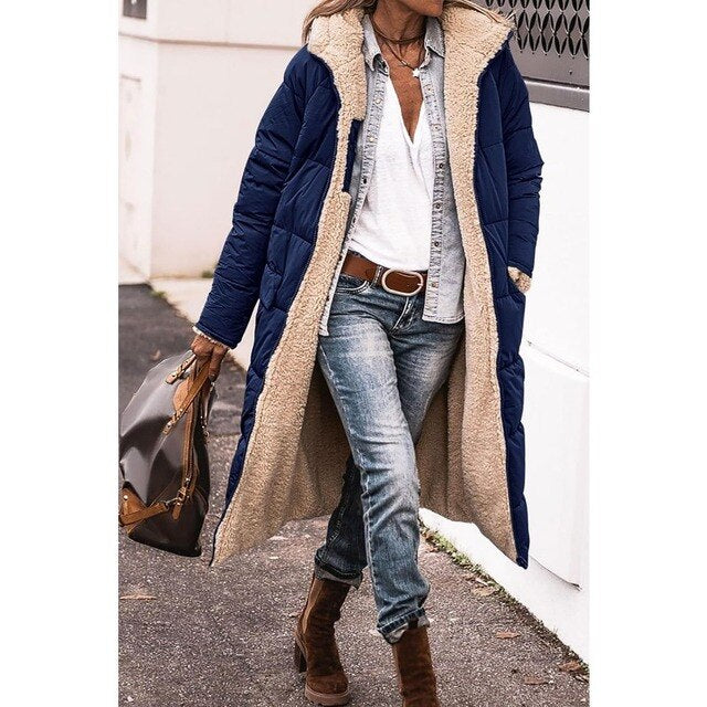 Manteau d'hiver femme long, puffer réversible avec capuche, chaud et élégant pour grand froid.
