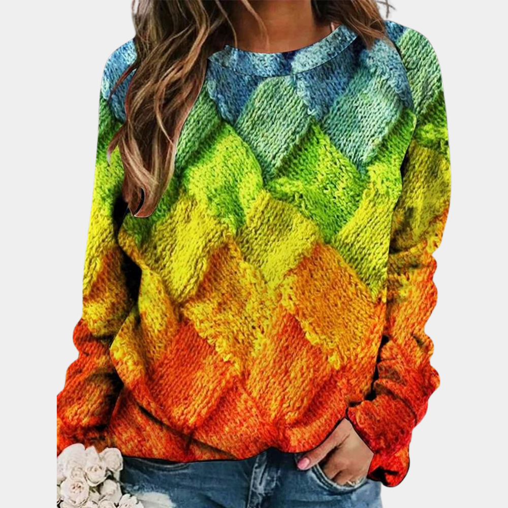 Pull femme à manches longues, coloré et tendance. Idéal pour un style décontracté ou élégant au printemps/automne.