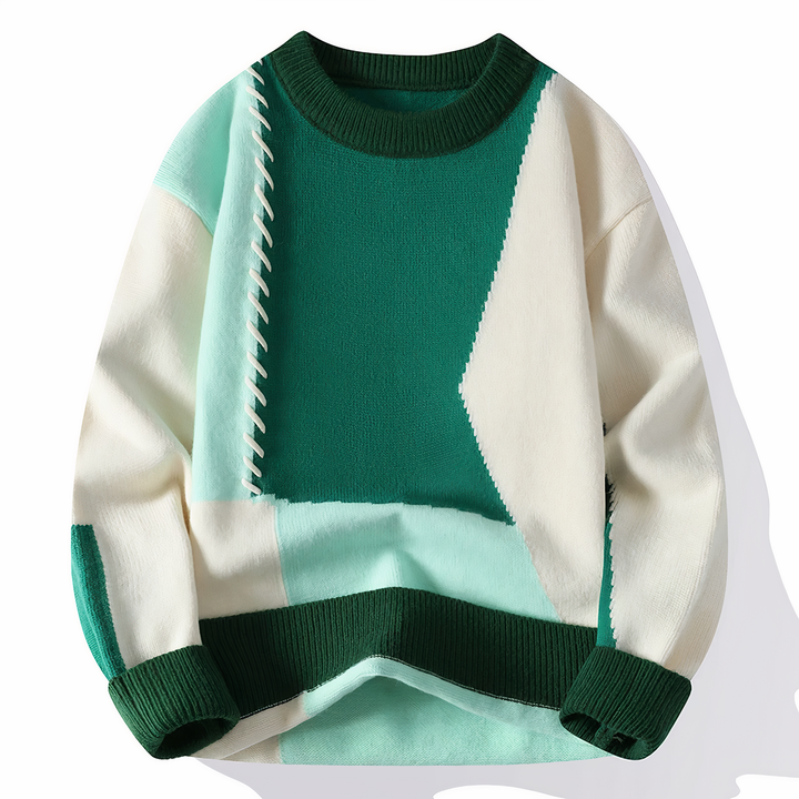 Haut homme chaud et confortable, design patchwork moderne, essentiel pour la tendance automne/hiver masculine.