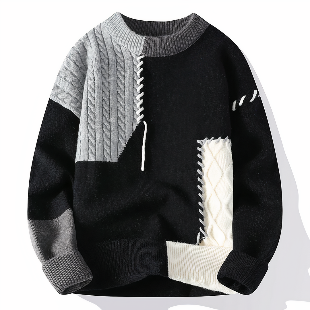 Pull homme casual chic avec motifs patchwork variés, idéal pour un look automne-hiver décontracté et stylé.