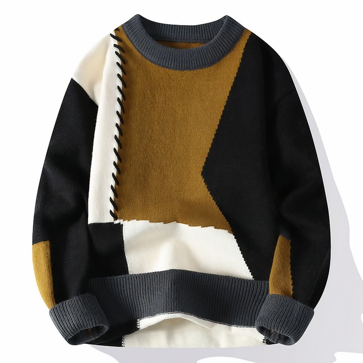 Pull élégant homme à motifs patchwork, vêtement masculin idéal pour un look sophistiqué automne/hiver.