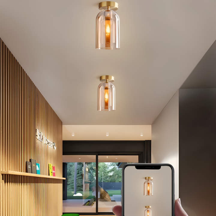 Plafonnier LED rond, noir mat et or brillant. Idéal pour salon, chambre ou couloir.