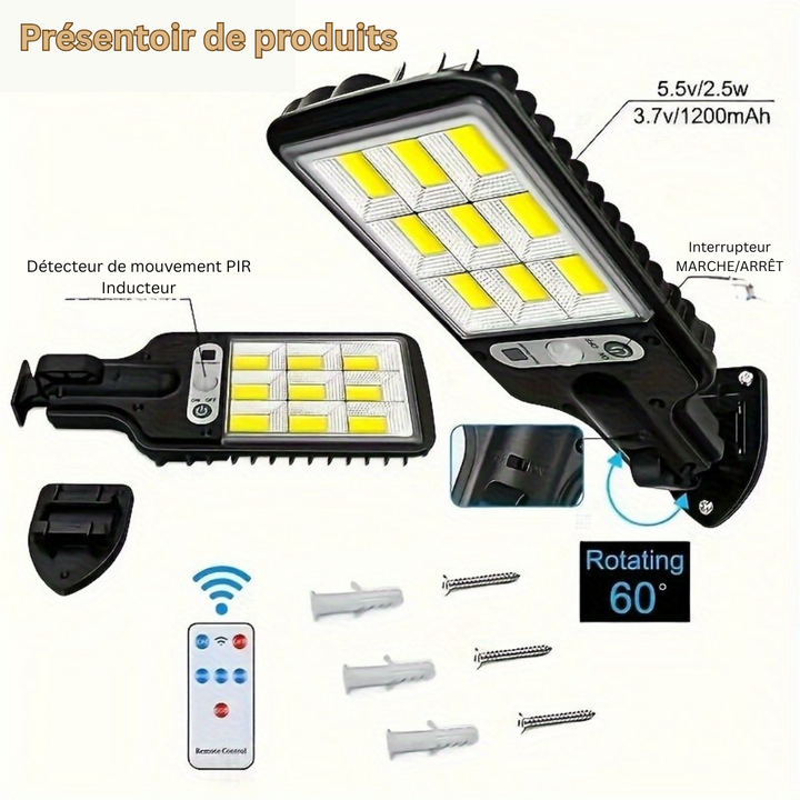 Lampe solaire OpulentRay LED, éclairage extérieur économe en énergie, détecteur de mouvement intégré.