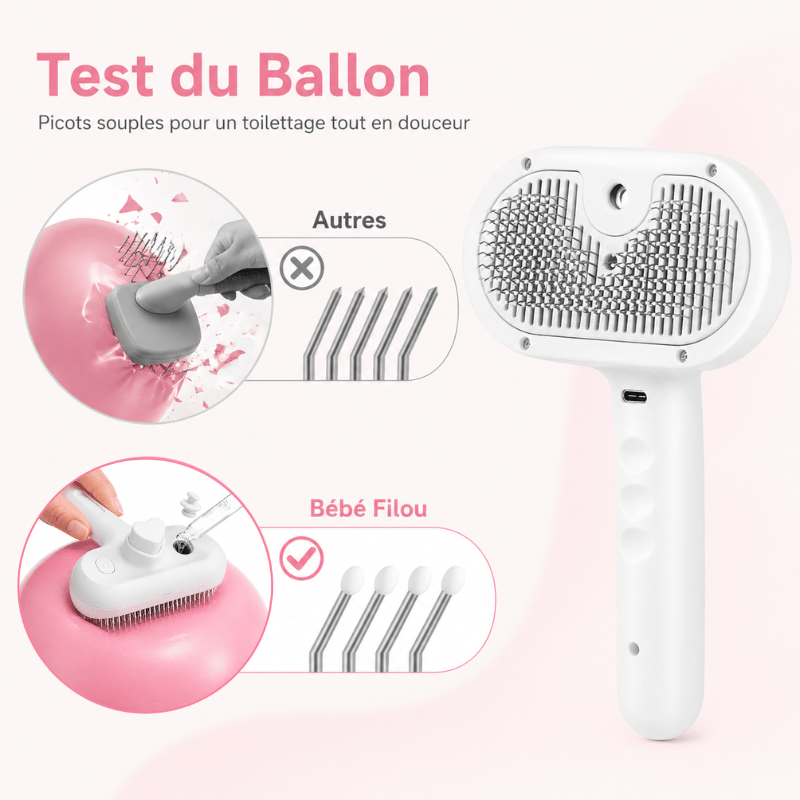 Outil de toilettage à vapeur, démêle et retire les poils de chien/chat sans effort, confort optimal des animaux.