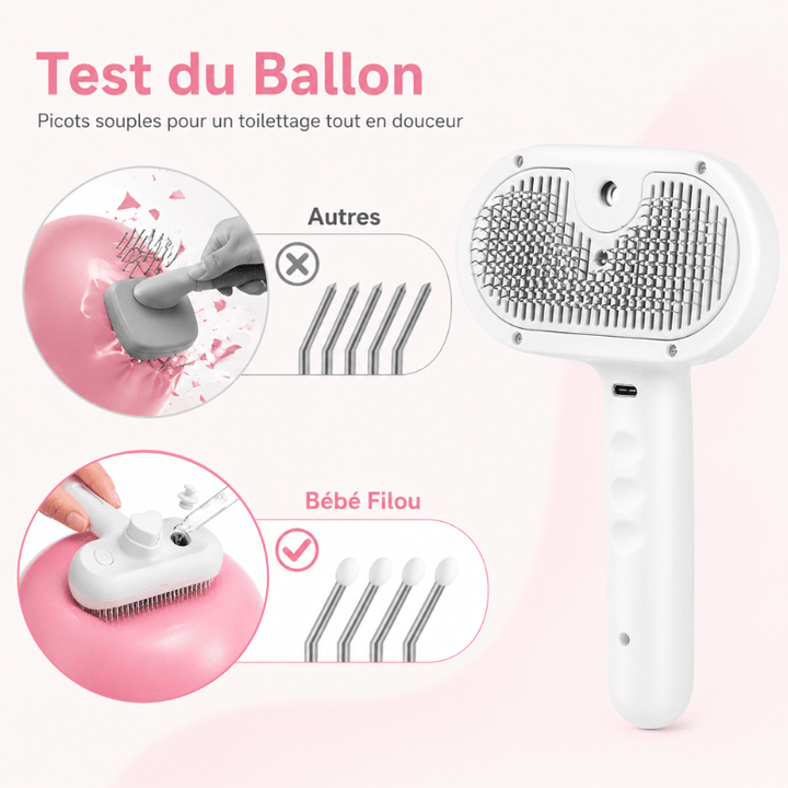 Outil de toilettage à vapeur, démêle et retire les poils de chien/chat sans effort, confort optimal des animaux.