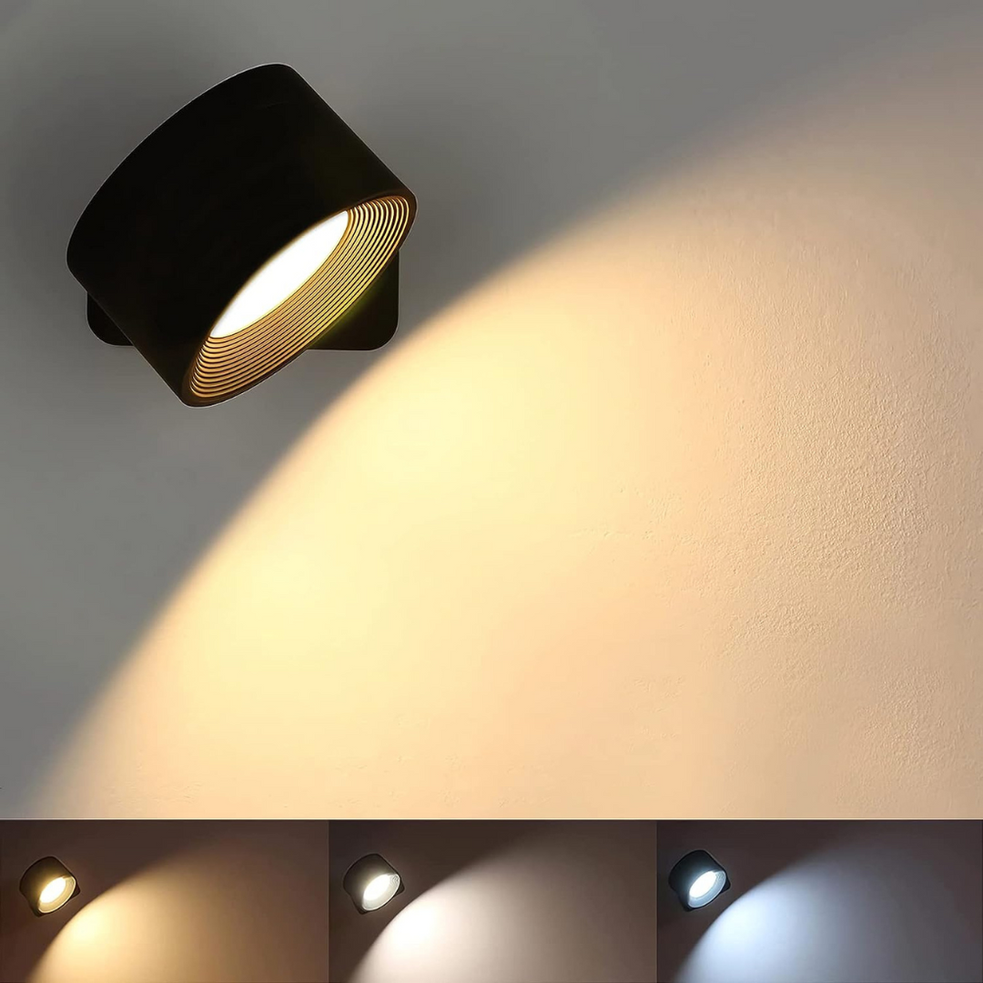 Lampe murale LED sans fil et rechargeable, pivotante 360°, parfaite pour un éclairage adaptable et design.