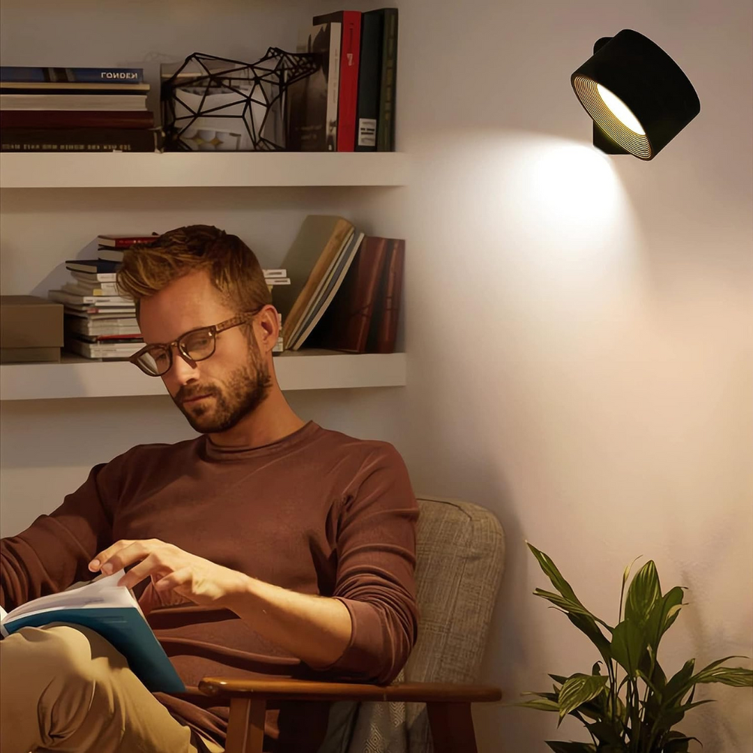 Lampe murale LED sans fil rechargeable, polyvalente pour intérieur et extérieur, avec tête pivotante 360°.