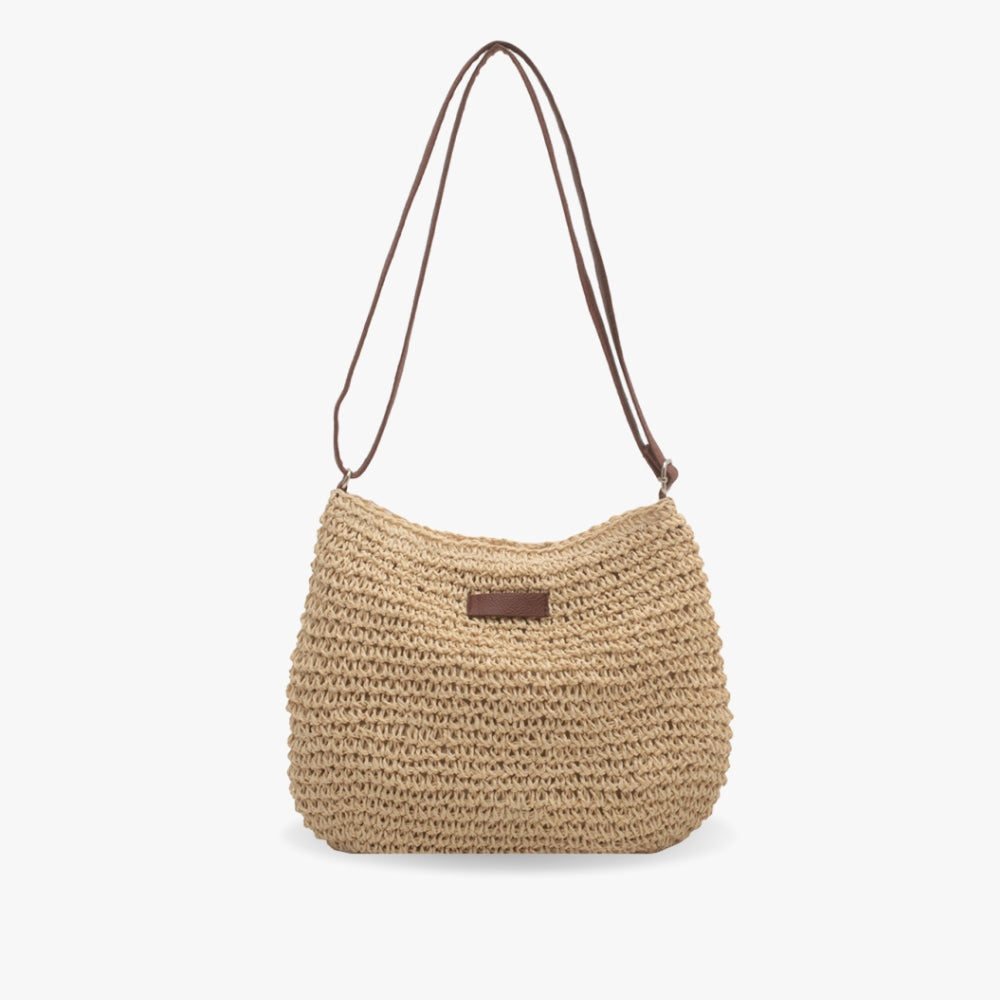 Sac à bandoulière femme en paille tressée, style bohème chic, accessoire mode été polyvalent.