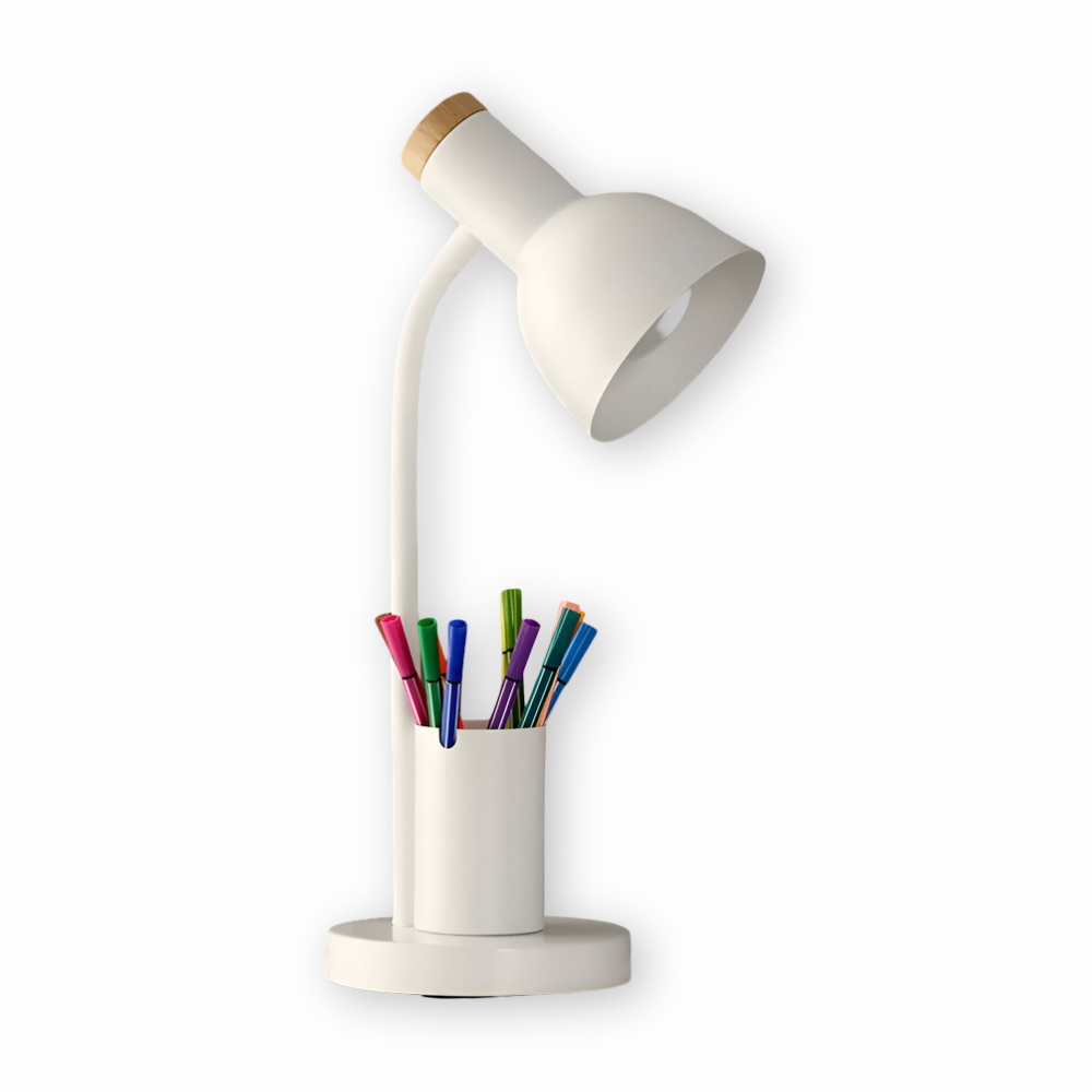 Design scandinave pour cette lampe de bureau LED avec porte-stylo, lumière réglable et moderne.