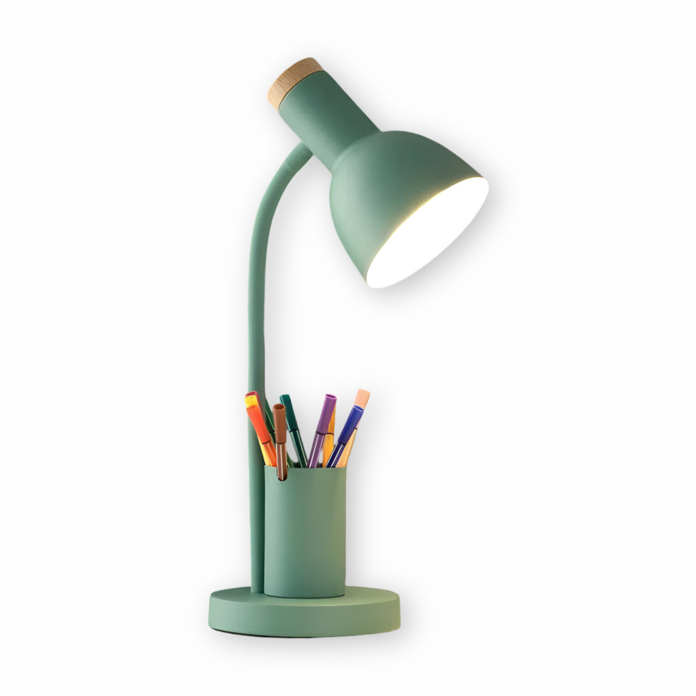Éclairage de lecture LED moderne, bras flexible, porte-stylo, design nordique pour un bureau épuré.