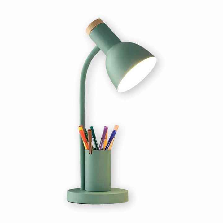 Éclairage de lecture LED moderne, bras flexible, porte-stylo, design nordique pour un bureau épuré.