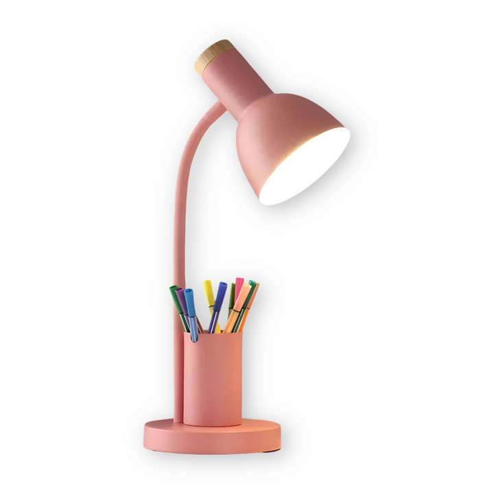 Lampe de chevet LED moderne avec porte-stylo, lumière douce, design nordique pour chambre stylée.