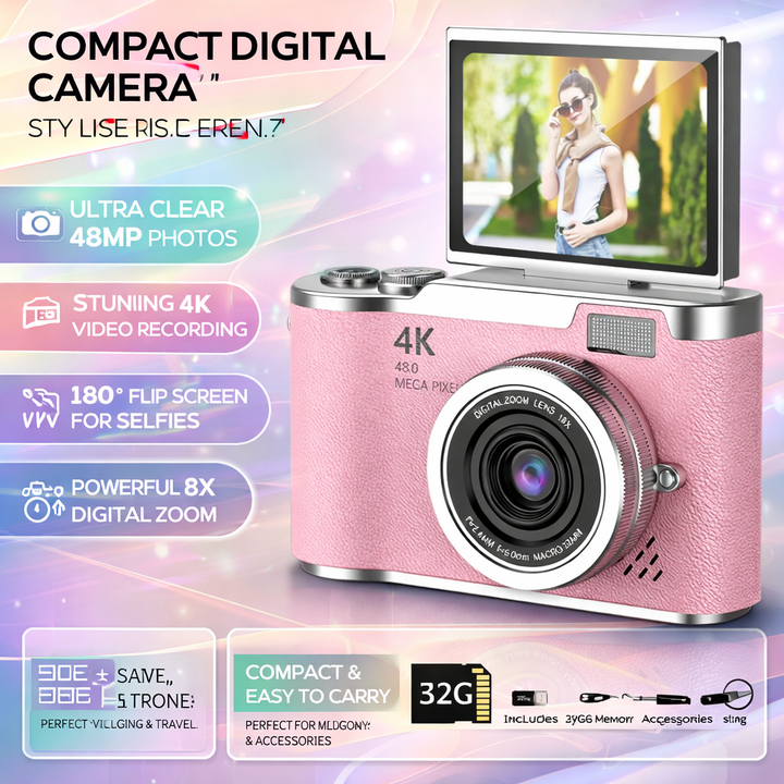 Appareil photo numérique 4K portable, capturez des moments en Ultra HD 48MP n'importe où.