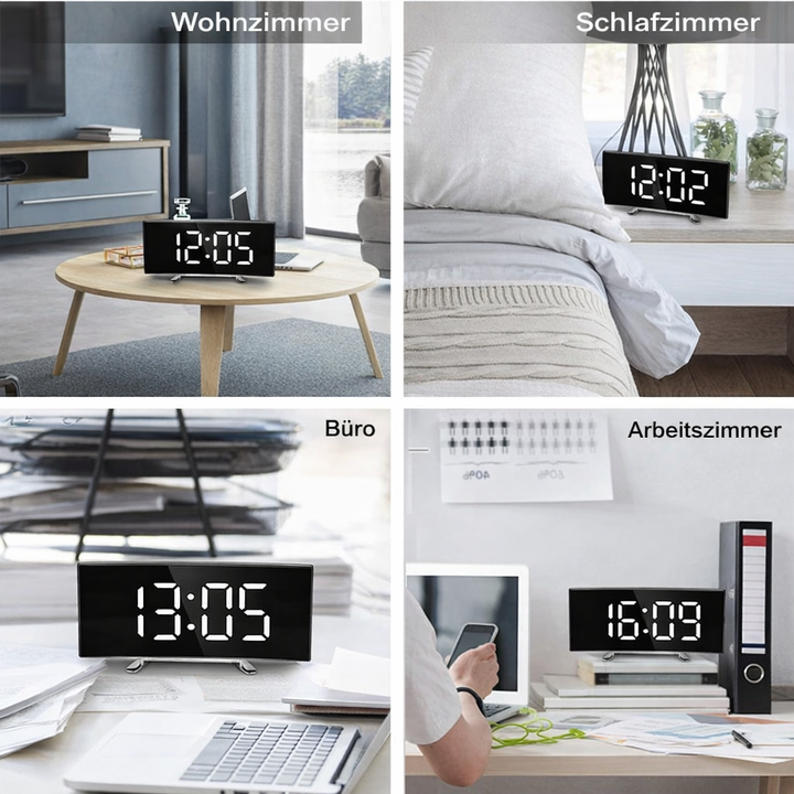 Horloge numérique LED incurvée avec fonction miroir, design moderne pour bureau ou salon.