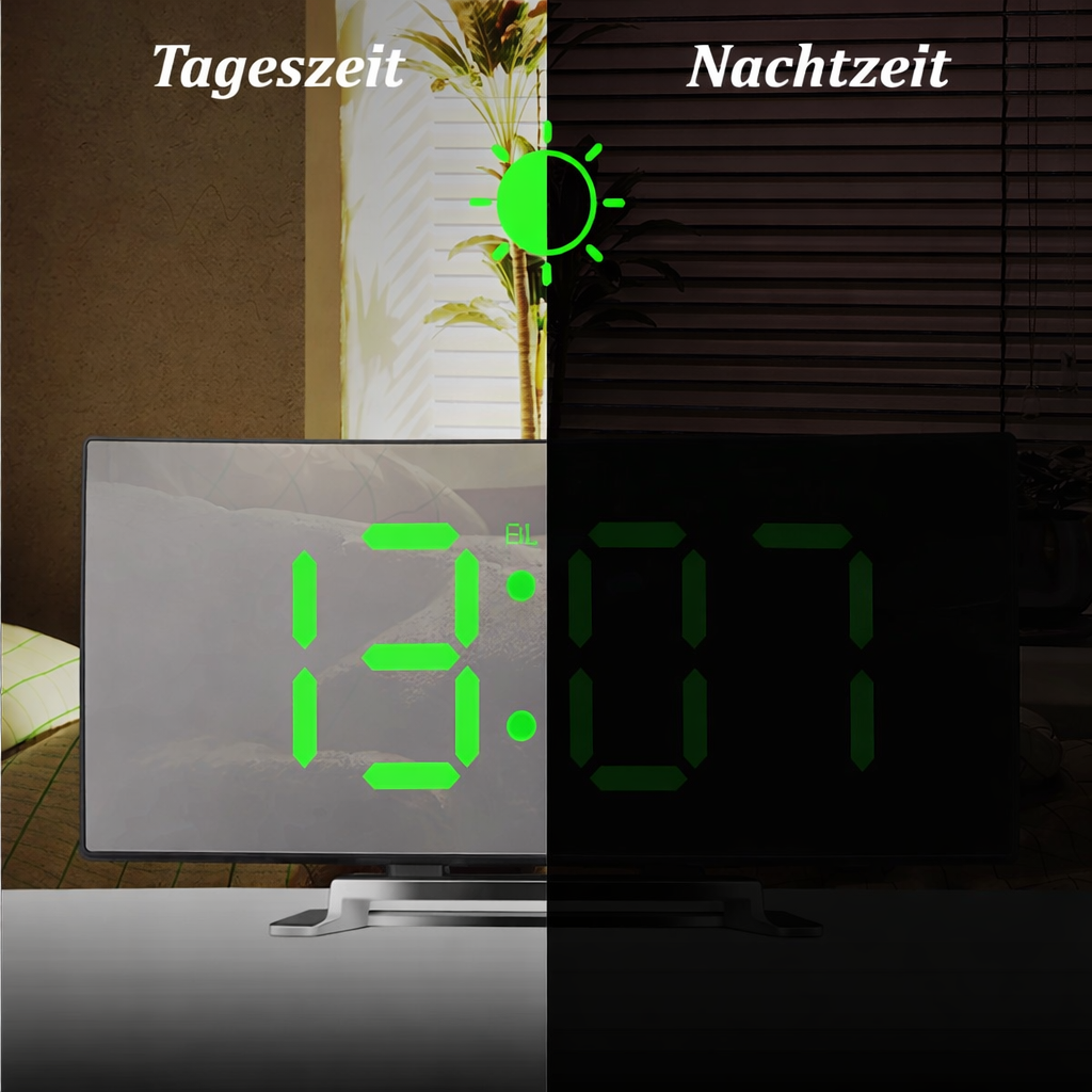 Réveil intelligent à affichage numérique LED avec luminosité automatique et surface miroir.