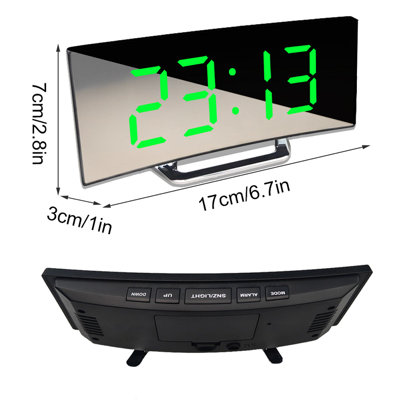 Horloge de chevet incurvée avec écran miroir et chiffres LED rouges, style décoratif moderne.