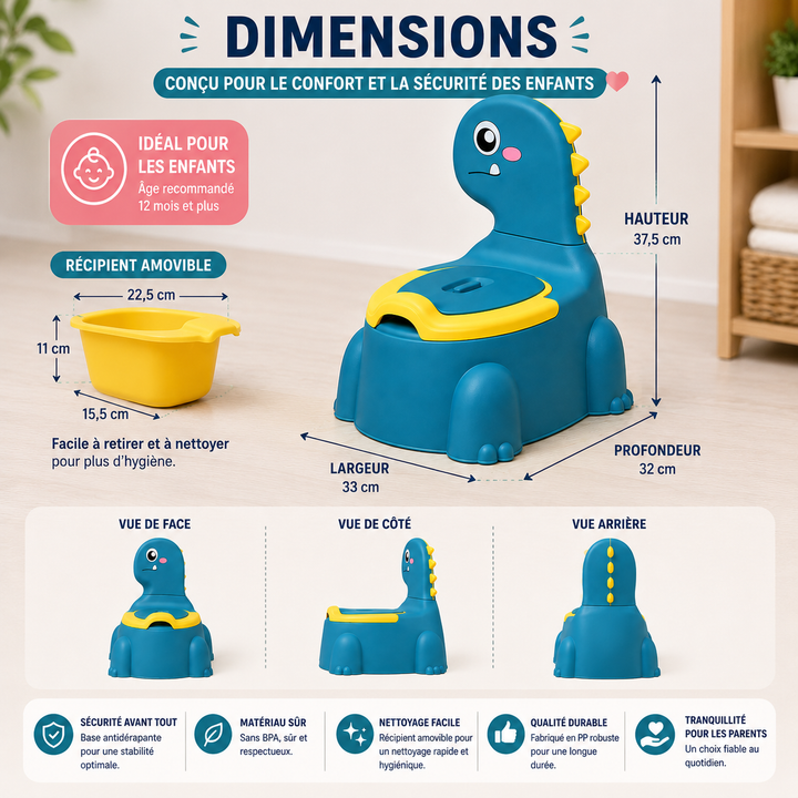 Pot d'apprentissage enfant DinoDeluxe, coloré et confortable, design dinosaure.