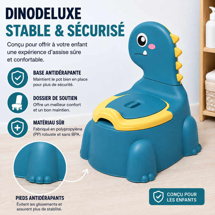 Pot ergonomique DinoDeluxe pour enfant, assurant confort et sécurité lors de l'apprentissage propreté.