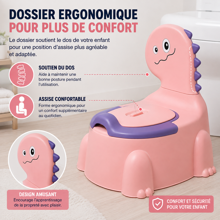 Pot d'apprentissage sécurisé et hygiénique DinoDeluxe pour enfant, avec design dinosaure.