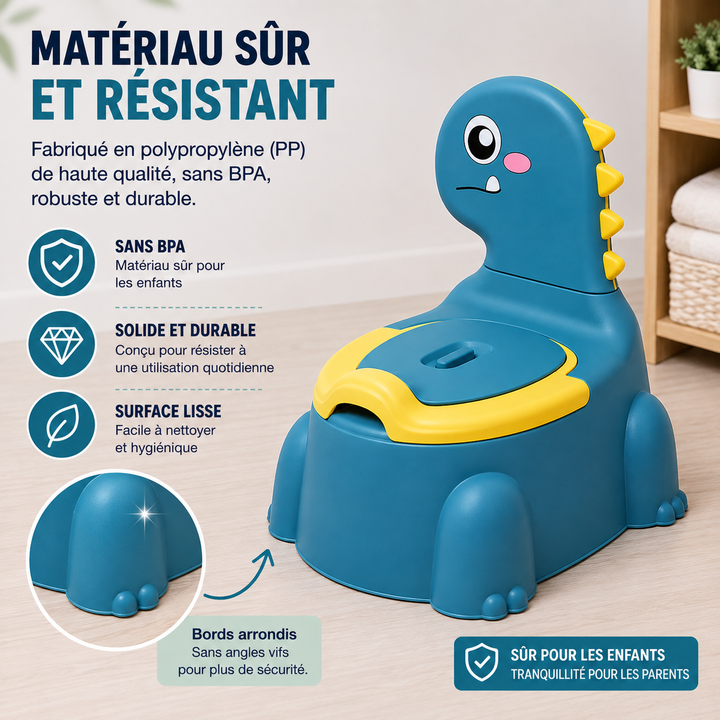 DinoDeluxe: pot d'apprentissage enfant avec motif dinosaure, pour une formation propreté amusante.