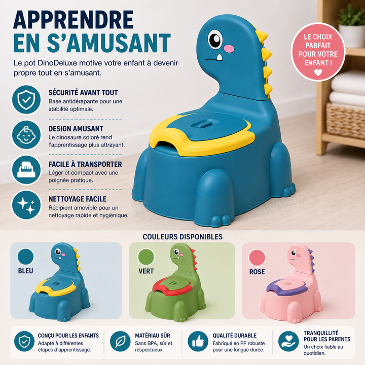 Pot bébé DinoDeluxe, ergonomique, sûr et ludique pour l'apprentissage propreté avec son dinosaure.