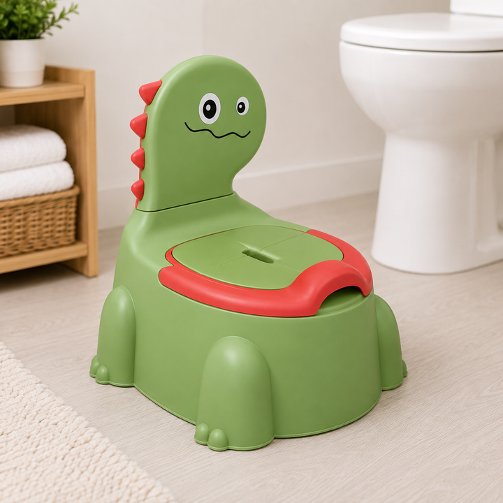 Pot d'apprentissage enfant DinoDeluxe, illustrant son design dinosaure et sa conception ergonomique.