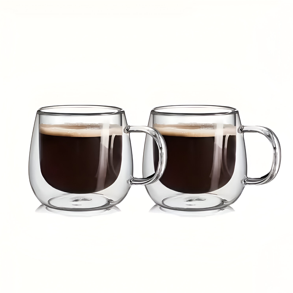 Tasses à café double paroi 300ml en verre borosilicaté isolant. Parfaites pour boissons chaudes ou froides et votre cuisine.