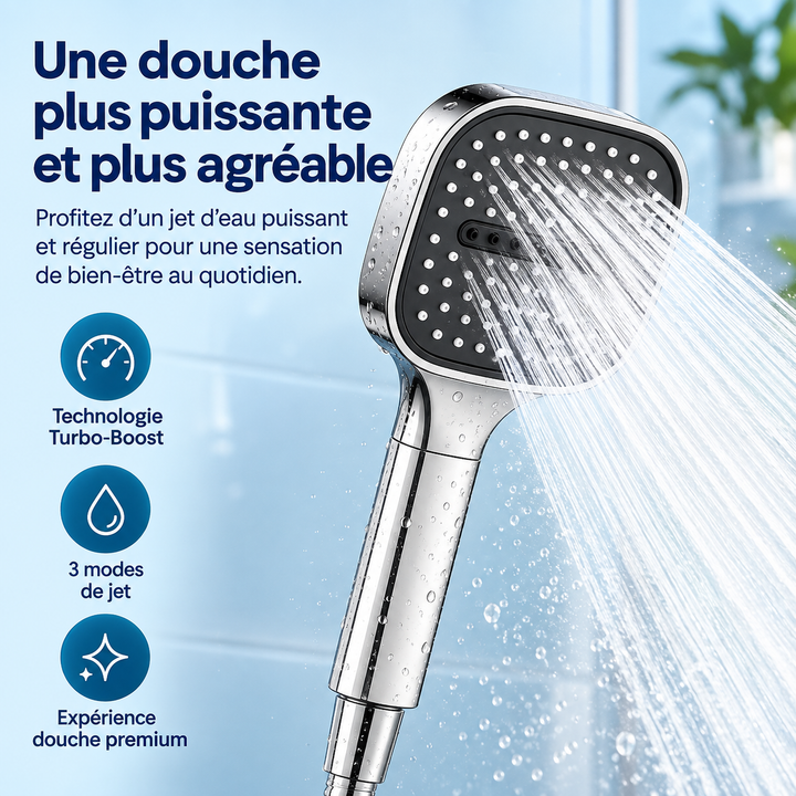 Douche filtrante argentée purifiant l'eau, pour une peau plus douce et un bien-être accru.
