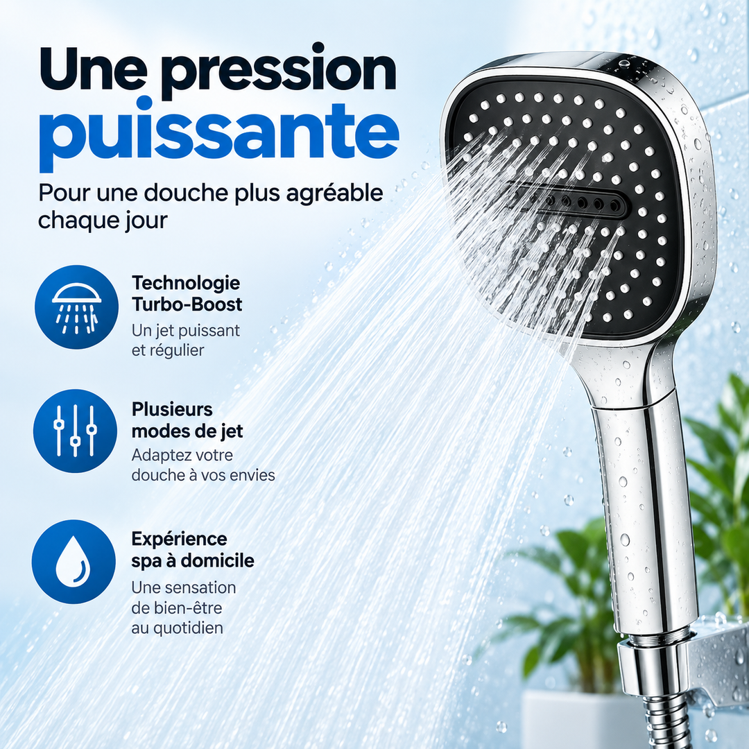 Douche noir jais élégante, à haute pression et filtrante, parfaite pour une salle de bain moderne.
