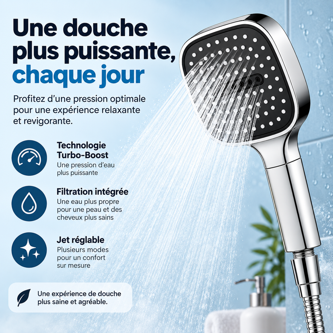 Expérience de douche rafraîchissante avec notre douchette haute pression filtrante, pour un moment de détente.