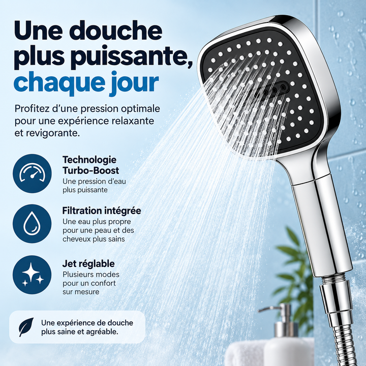Expérience de douche rafraîchissante avec notre douchette haute pression filtrante, pour un moment de détente.