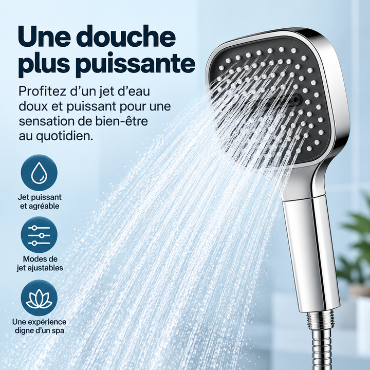 Jet de douche économiseur d'eau, haute pression filtrante, installation facile pour votre salle de bain.
