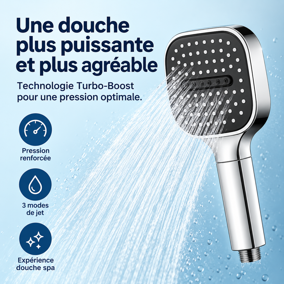 Pommeau de douche haute pression avec système de filtration intégré pour une eau pure et un jet puissant.