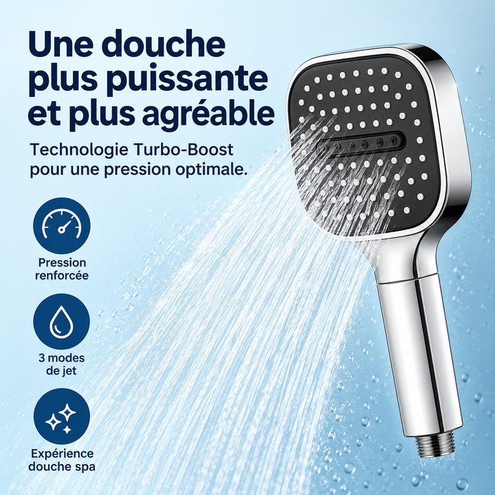Pommeau de douche haute pression avec système de filtration intégré pour une eau pure et un jet puissant.