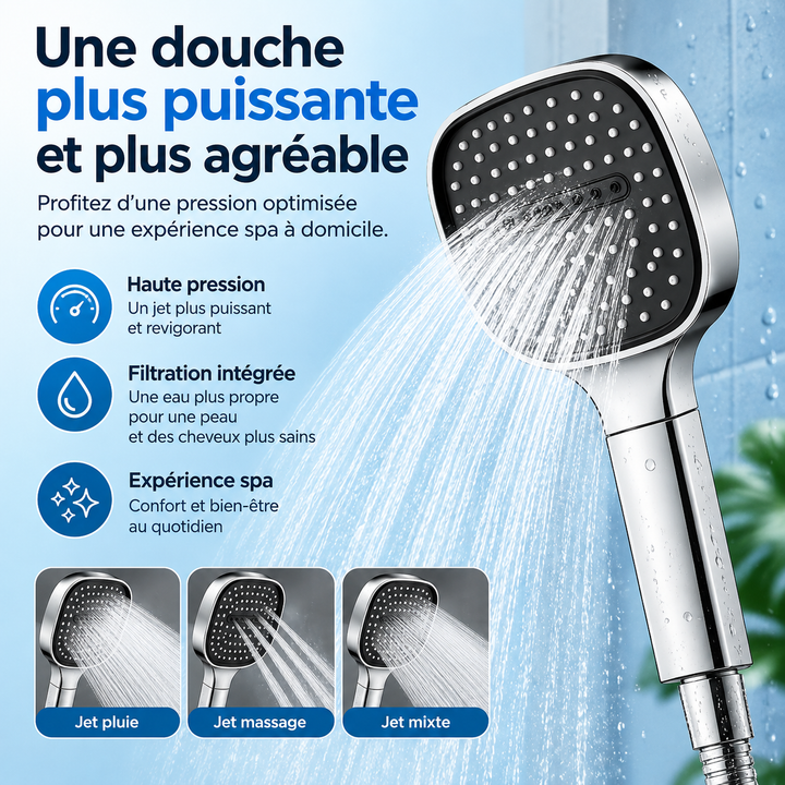 Douchette filtrante noir jais, offre une expérience revigorante avec son jet haute pression optimisé.