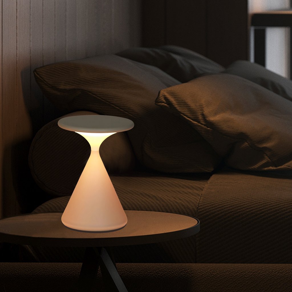 Lampe de table LED dimmable sans fil, design sablier élégant. Parfaite pour ambiance intérieure/extérieure.