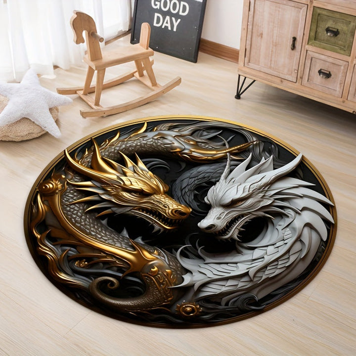 Tapis rond en polyester motif dragon asiatique puissant, idéal pour salon ou chambre, touche mystique.