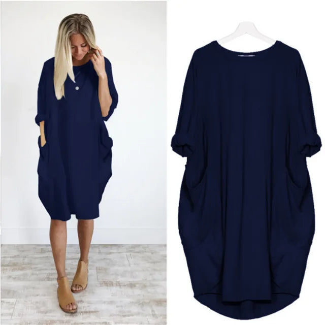 Robe midi femme confortable, coupe oversize, manches longues, idéale printemps/automne.