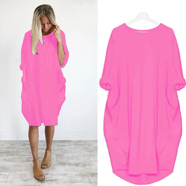 Robe femme midi polyvalente, oversize, manches longues, pour toutes les morphologies.