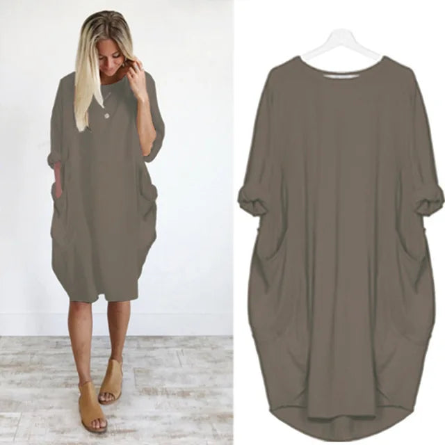 Robe femme midi oversize, manches longues, élégance et confort décontracté.