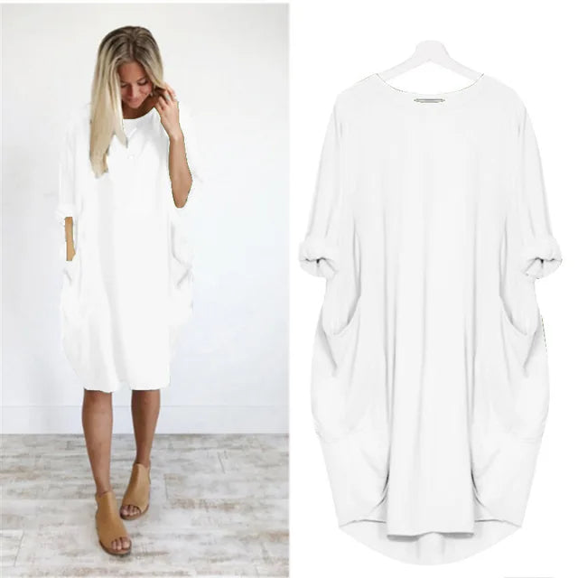 Robe midi femme oversize, manches longues, idéale pour un style quotidien chic et facile.