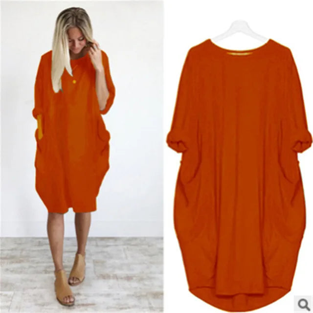 Robe midi oversize femme, manches longues, modèle polyvalent, chic et très confortable.