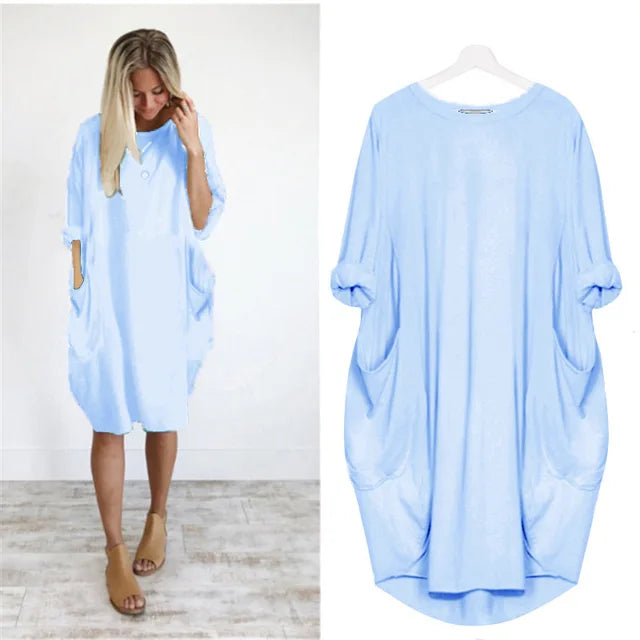Robe midi oversize femme, manches longues, look décontracté chic et fluide.