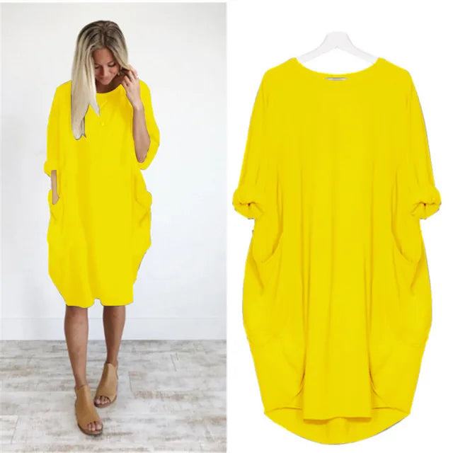Robe femme midi oversize, manches longues, pour un look relax chic sans effort.