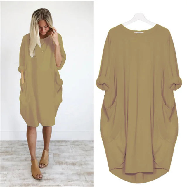 Robe midi oversize femme, manches longues, chaleur et style pour le printemps et l'automne.