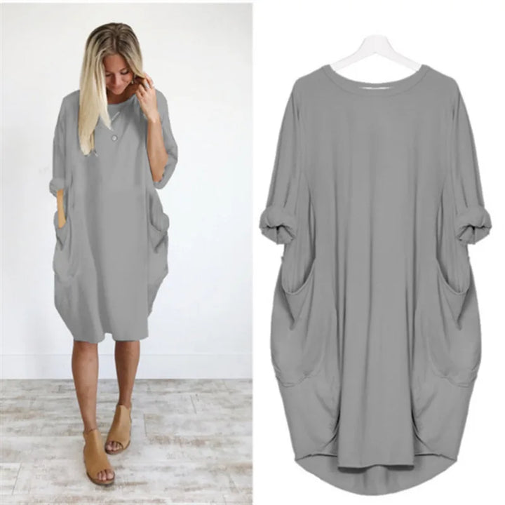 Robe midi femme oversize, manches longues, décontractée, chic et facile à porter.