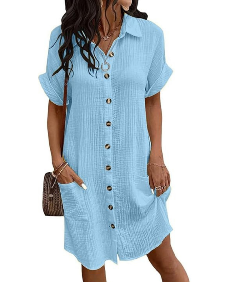 Robe femme élégante mode estivale, modèle chemise à col V, boutonnée, coupe A-line. Idéale pour le quotidien.