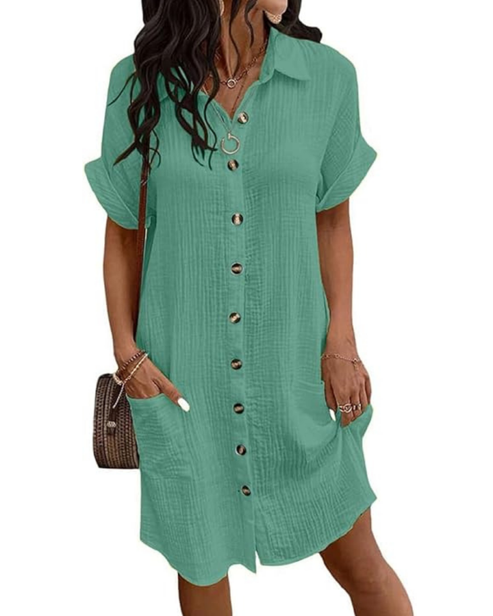 Robe décontractée femme coupe A-line, style chemise, col V boutonnée, confort estival et élégance fluide.